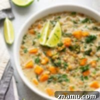 Sweet Potato Kale Coconut Curry Lentil Soup