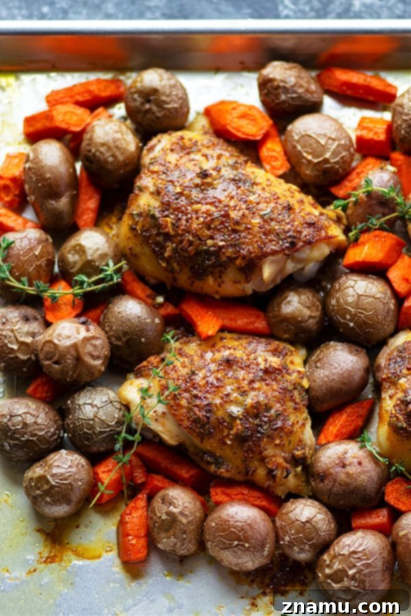 Golden Honey Mustard Chicken Thighs and Roasted Root Vegetables 3 This sheet pan honey mustard chicken roasts up ENTIRELY on one sheet pan and features tender red potatoes and carrots in the most amazing homemade honey mustard sauce!
