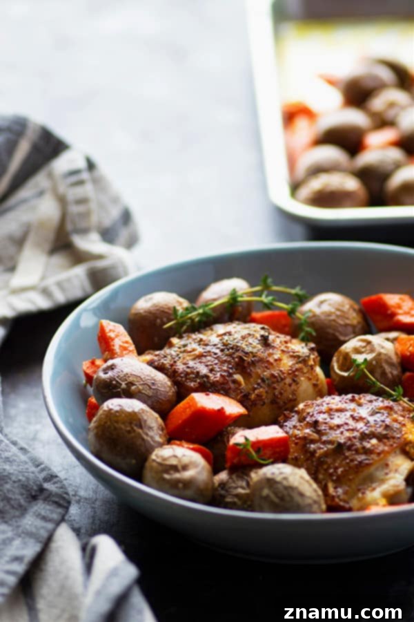 Golden Honey Mustard Chicken Thighs and Roasted Root Vegetables 4 This sheet pan honey mustard chicken roasts up ENTIRELY on one sheet pan and features tender red potatoes and carrots in the most amazing homemade honey mustard sauce!