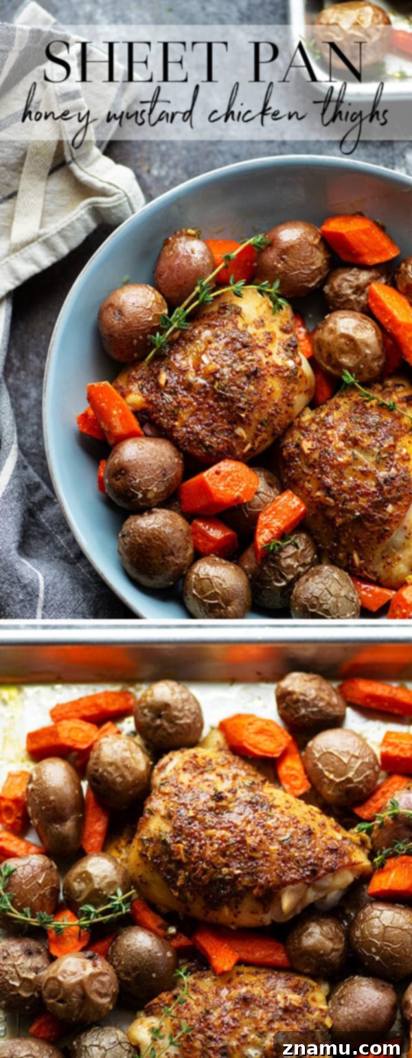 Golden Honey Mustard Chicken Thighs and Roasted Root Vegetables 6 This sheet pan honey mustard chicken roasts up ENTIRELY on one sheet pan and features tender red potatoes and carrots in the most amazing homemade honey mustard sauce!