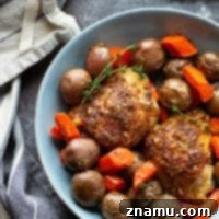 Golden Honey Mustard Chicken Thighs and Roasted Root Vegetables 7 This sheet pan honey mustard chicken roasts up ENTIRELY on one sheet pan and features tender red potatoes and carrots in the most amazing homemade honey mustard sauce!