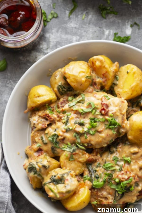 One-Pan Creamy Tuscan Salmon and Potatoes 3 Close-up of Creamy Tuscan Salmon with sun-dried tomatoes, spinach, and tender potatoes.