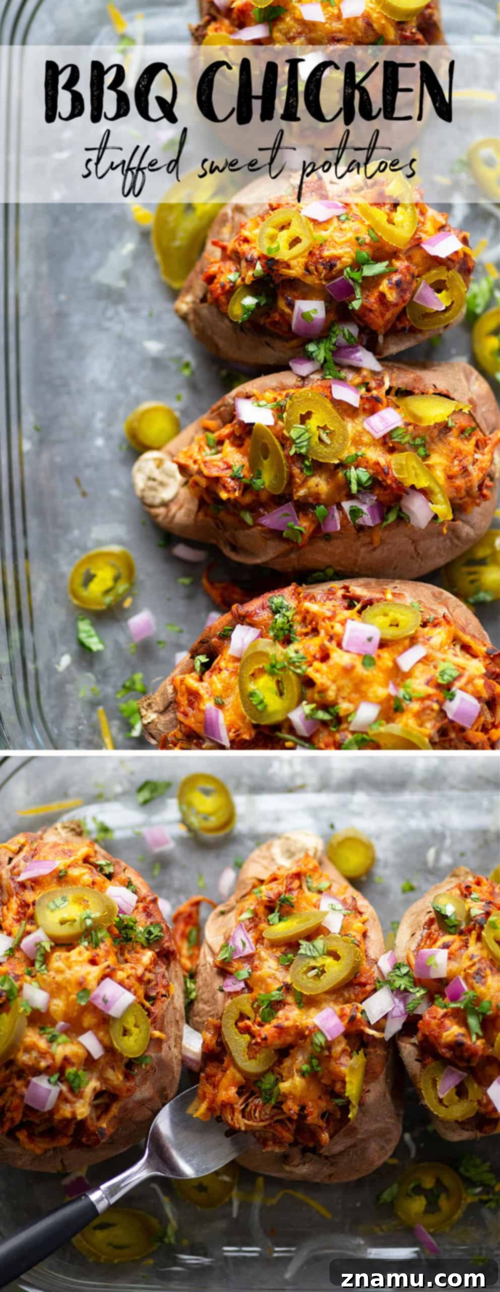 Smoky BBQ Chicken Loaded Sweet Potatoes 6 A close-up of a rustic wooden serving board featuring a fully prepared BBQ Chicken Stuffed Sweet Potato, highlighting the rich colors and textures of the filling and toppings, ready for a hearty meal.