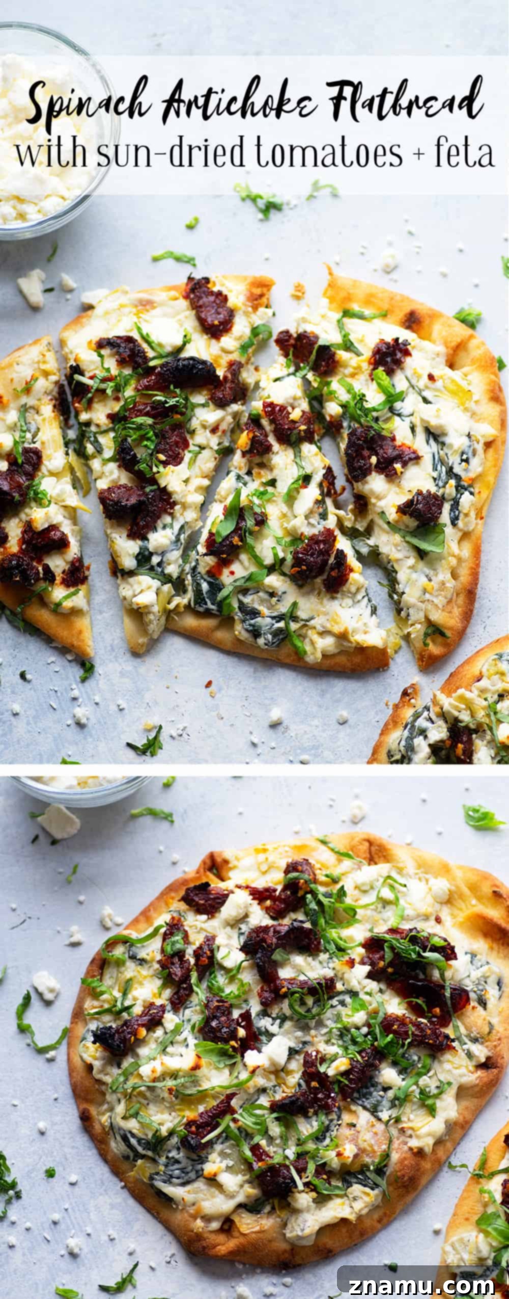 Vibrant Spinach Artichoke Flatbread with Sun-Kissed Tomatoes and Feta 6 Two halves of a spinach artichoke flatbread presented beautifully, ready for sharing.