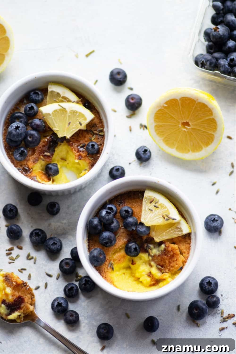 Sun-Kissed Lavender Lemon Brulee 2 Fragrant lavender and tangy lemon transform this lavender lemon creme brulee into a luxurious date night dessert! Tips and tricks included for baking a restaurant-quality creme brulee.