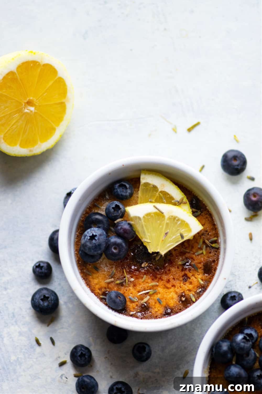 Sun-Kissed Lavender Lemon Brulee 3 Fragrant lavender and tangy lemon transform this lavender lemon creme brulee into a luxurious date night dessert! Tips and tricks included for baking a restaurant-quality creme brulee.