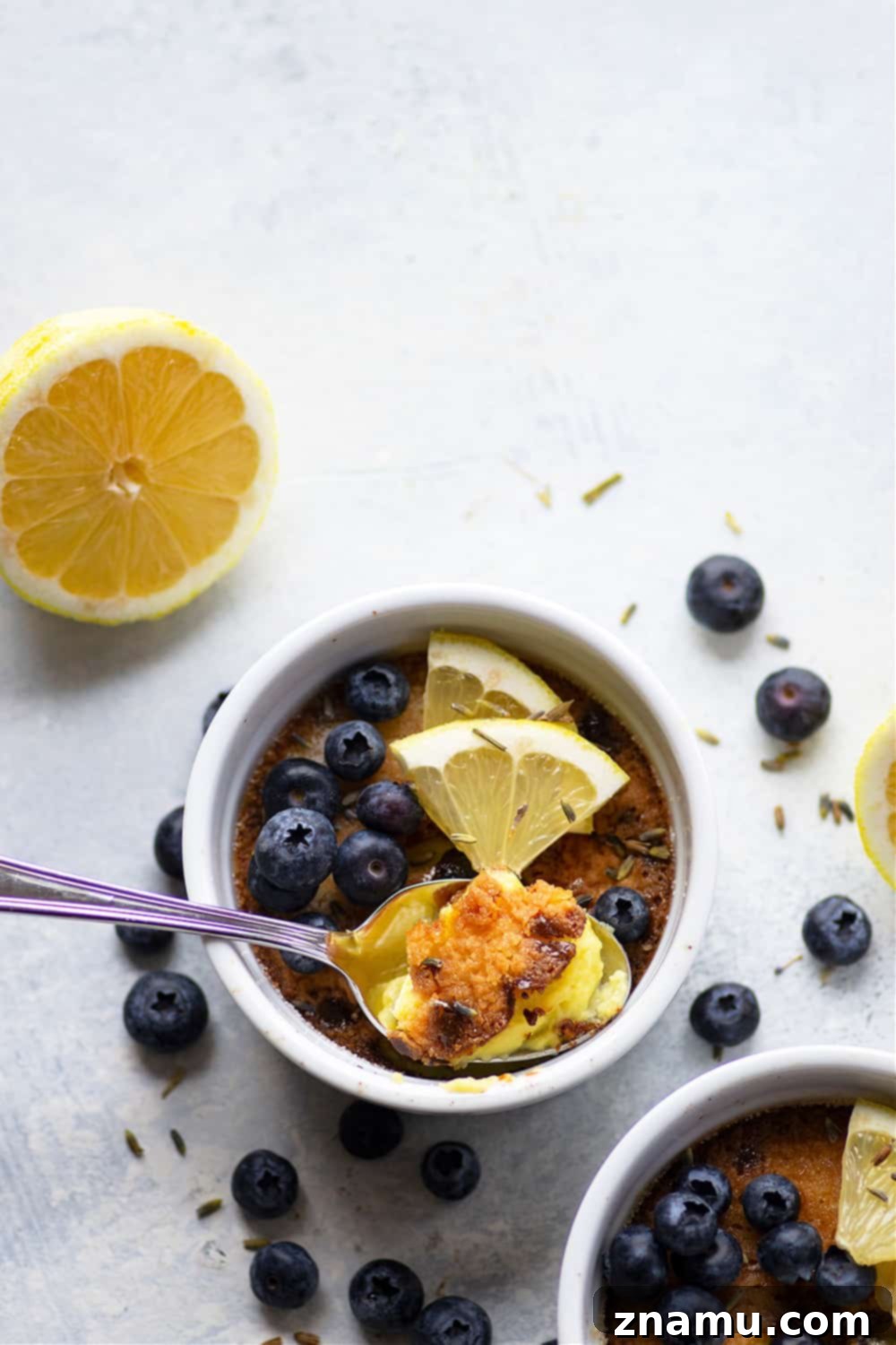 Sun-Kissed Lavender Lemon Brulee 5 Fragrant lavender and tangy lemon transform this lavender lemon creme brulee into a luxurious date night dessert! Tips and tricks included for baking a restaurant-quality creme brulee.