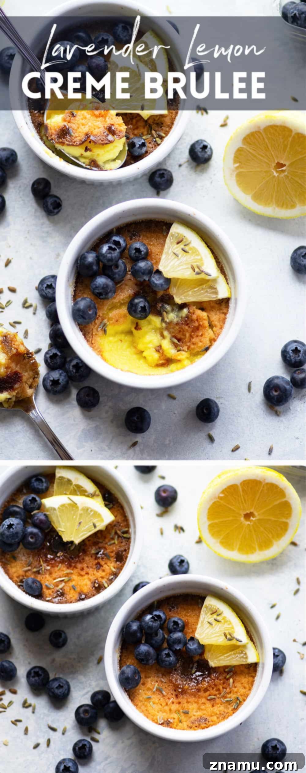 Sun-Kissed Lavender Lemon Brulee 6 Fragrant lavender and tangy lemon transform this lavender lemon creme brulee into a luxurious date night dessert! Tips and tricks included for baking a restaurant-quality creme brulee.