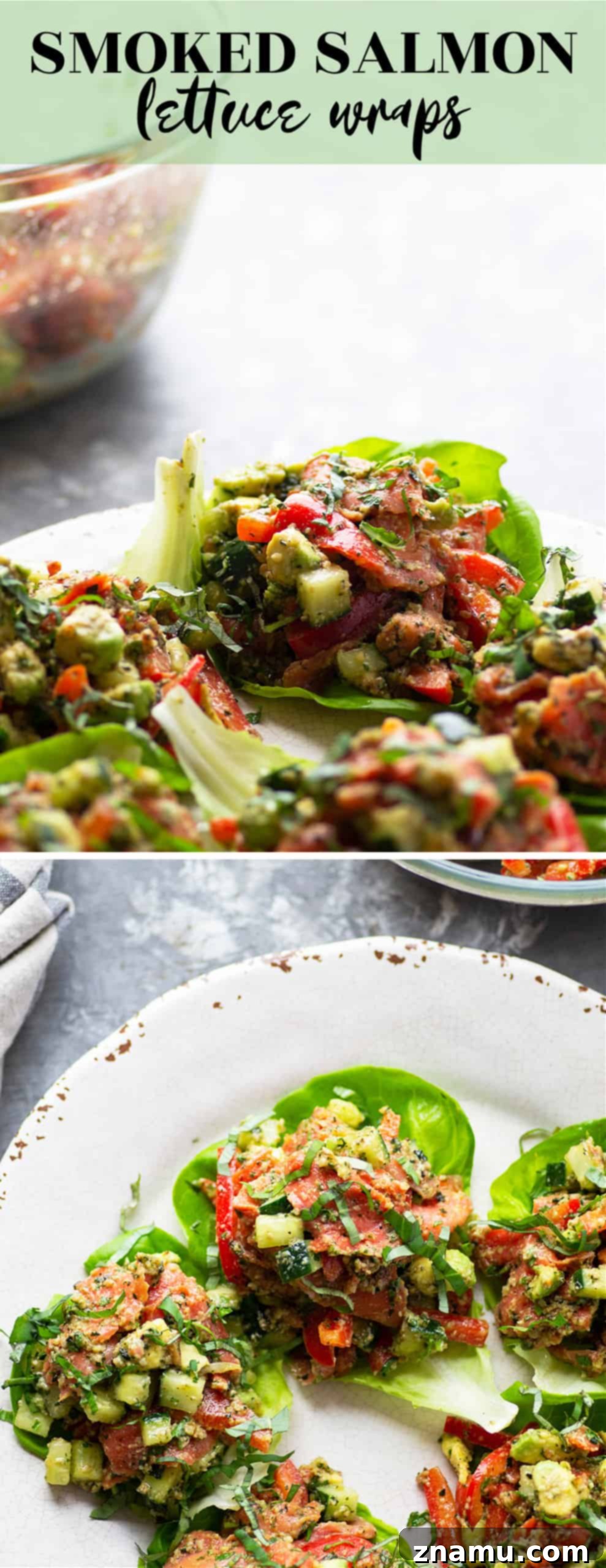 A close-up of Smoked Salmon Lettuce Wraps, showcasing their vibrant filling and fresh appearance.