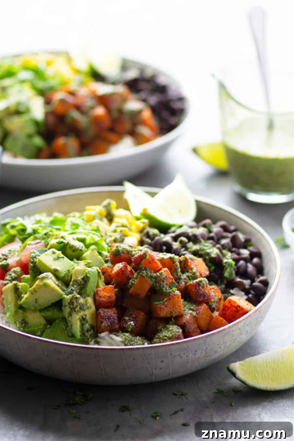 Smoky Butternut Burrito Bowls with Zesty Mojo 3 Blackened butternut squash burrito bowls are piled high with all the fixins' and a flavorful fresh mojo sauce for a healthy take on burrito bowls! Completely vegetarian AND vegan!
