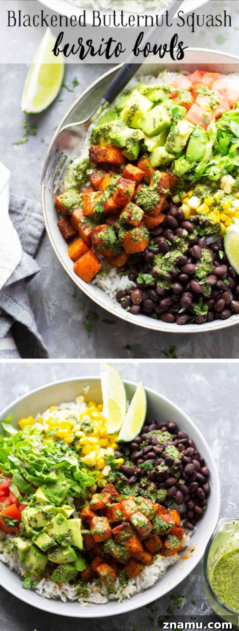 Smoky Butternut Burrito Bowls with Zesty Mojo 6 Blackened butternut squash burrito bowls are piled high with all the fixins' and a flavorful fresh mojo sauce for a healthy take on burrito bowls! Completely vegetarian AND vegan!