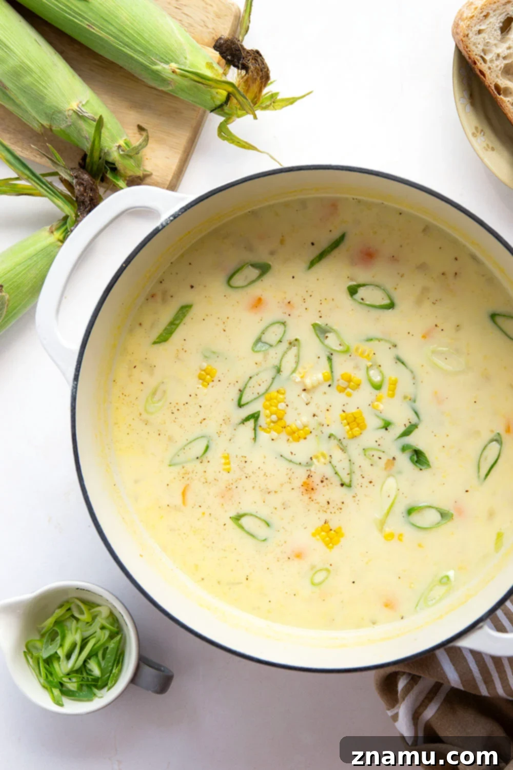 Velvety Sweet Corn Chowder 3 Loaded with fresh sweet corn and lots of tender vegetables in a rich broth, this creamy corn chowder comes together in minutes and is perfect for using up an abundance of sweet corn!