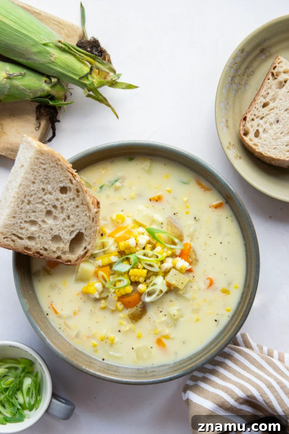 Velvety Sweet Corn Chowder 4 Loaded with fresh sweet corn and lots of tender vegetables in a rich broth, this creamy corn chowder comes together in minutes and is perfect for using up an abundance of sweet corn!
