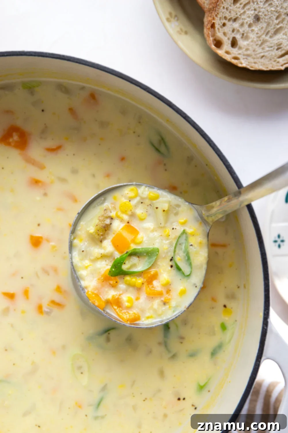Velvety Sweet Corn Chowder 5 Loaded with fresh sweet corn and lots of tender vegetables in a rich broth, this creamy corn chowder comes together in minutes and is perfect for using up an abundance of sweet corn!
