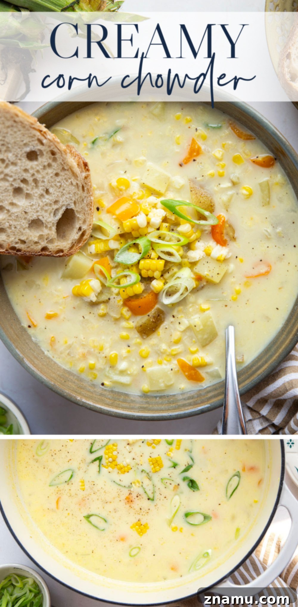 Velvety Sweet Corn Chowder 7 Loaded with fresh sweet corn and lots of tender vegetables in a rich broth, this creamy corn chowder comes together in minutes and is perfect for using up an abundance of sweet corn!