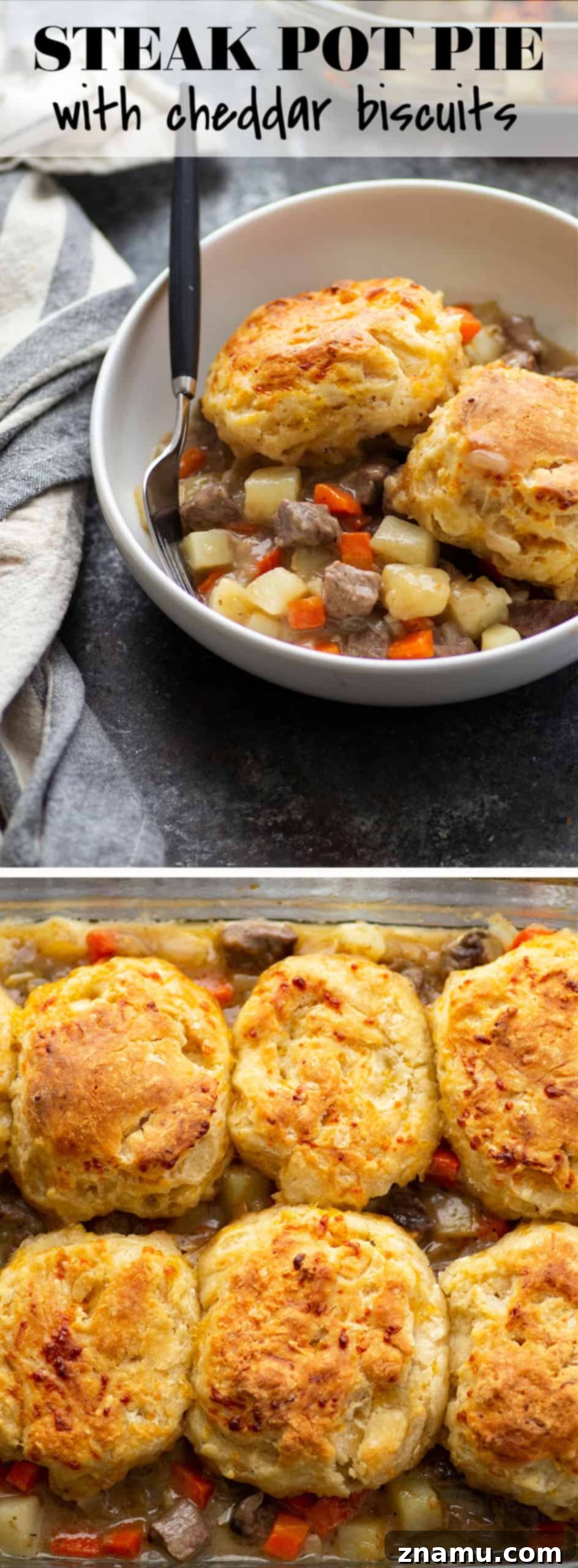 Savory Steak Pie with Cheddar Biscuit Crust 6 Loaded with steak and potatoes in a rich beer sauce and topped with buttery cheddar biscuits, this steak pot pie is an irresistible weeknight comfort food!