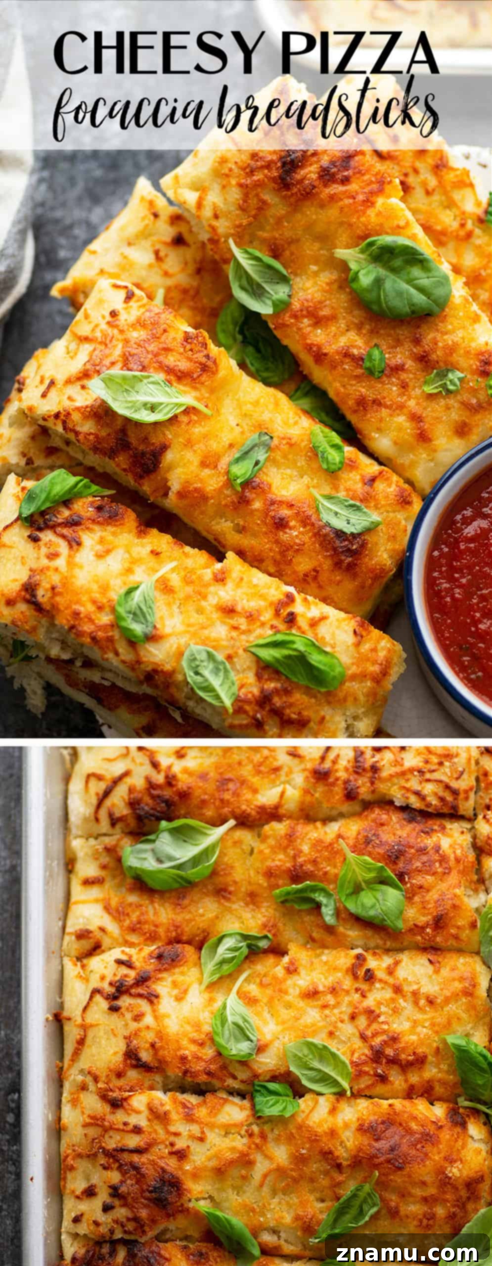 Savory Cheese Focaccia Sticks 6 Pile of warm Pizza Focaccia Breadsticks with melted mozzarella and parmesan cheese, garnished with vibrant green basil.