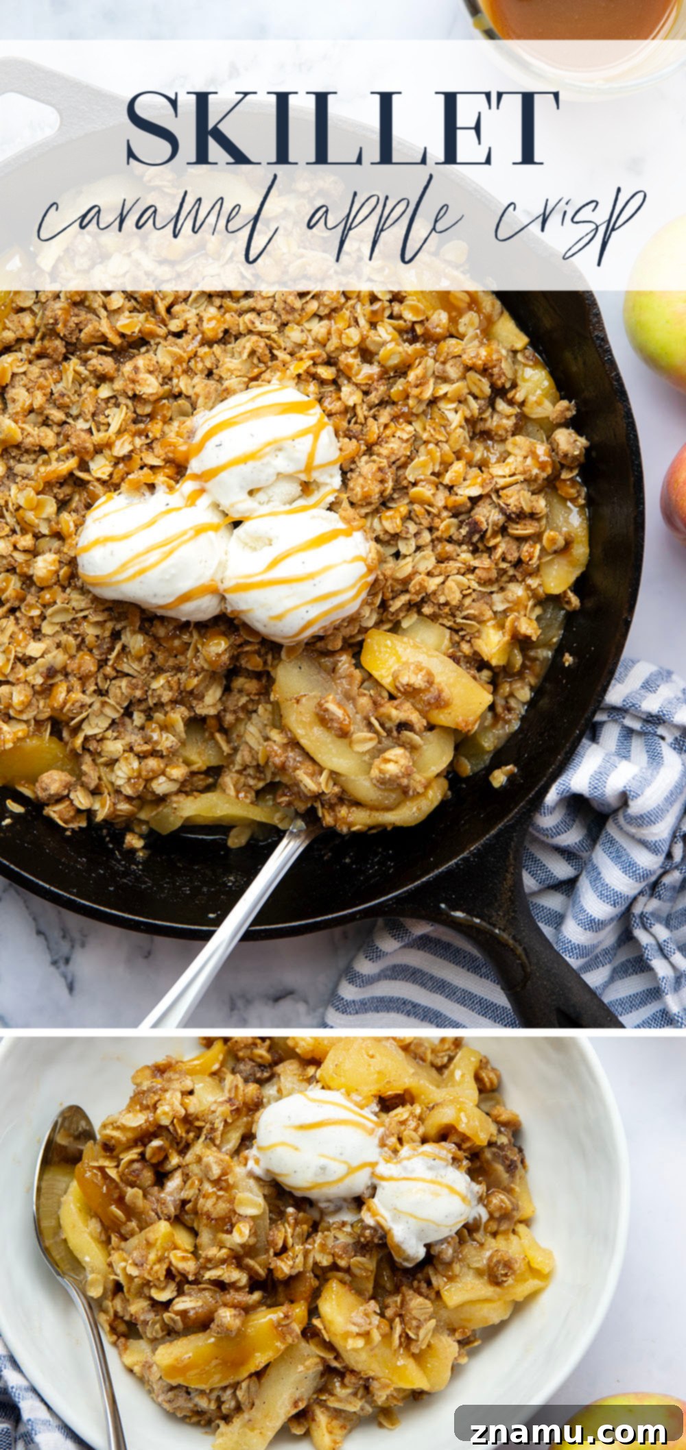 Gooey Skillet Caramel Apple Crisp 7 A full skillet of baked caramel apple crisp, ready to be served, highlighting its rich, inviting texture.