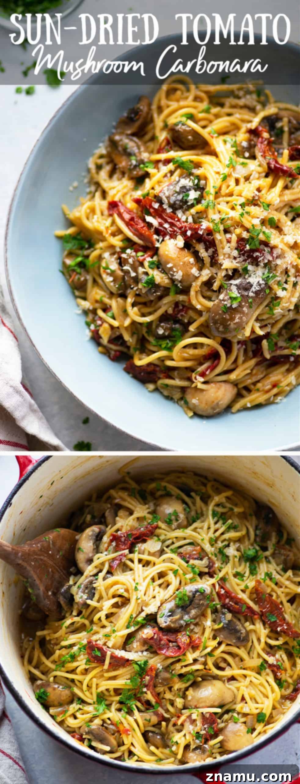 Sundried Tomato & Mushroom Carbonara 6 Close-up of a fork twirling spaghetti from a bowl of Mushroom Carbonara, showcasing the creamy sauce and chunks of mushrooms and sun-dried tomatoes. This inviting shot emphasizes the dish's irresistible texture.