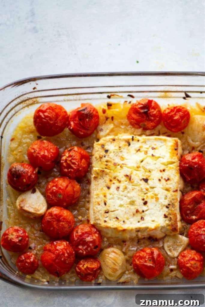 Effortless Feta Pasta Bake 6 Baked feta and herby bursting cherry tomatoes cook down into the most luxurious creamy sauce EVER for pasta! Inspired from the viral TikTok recipe, this baked feta pasta will quickly become a dinner regular!