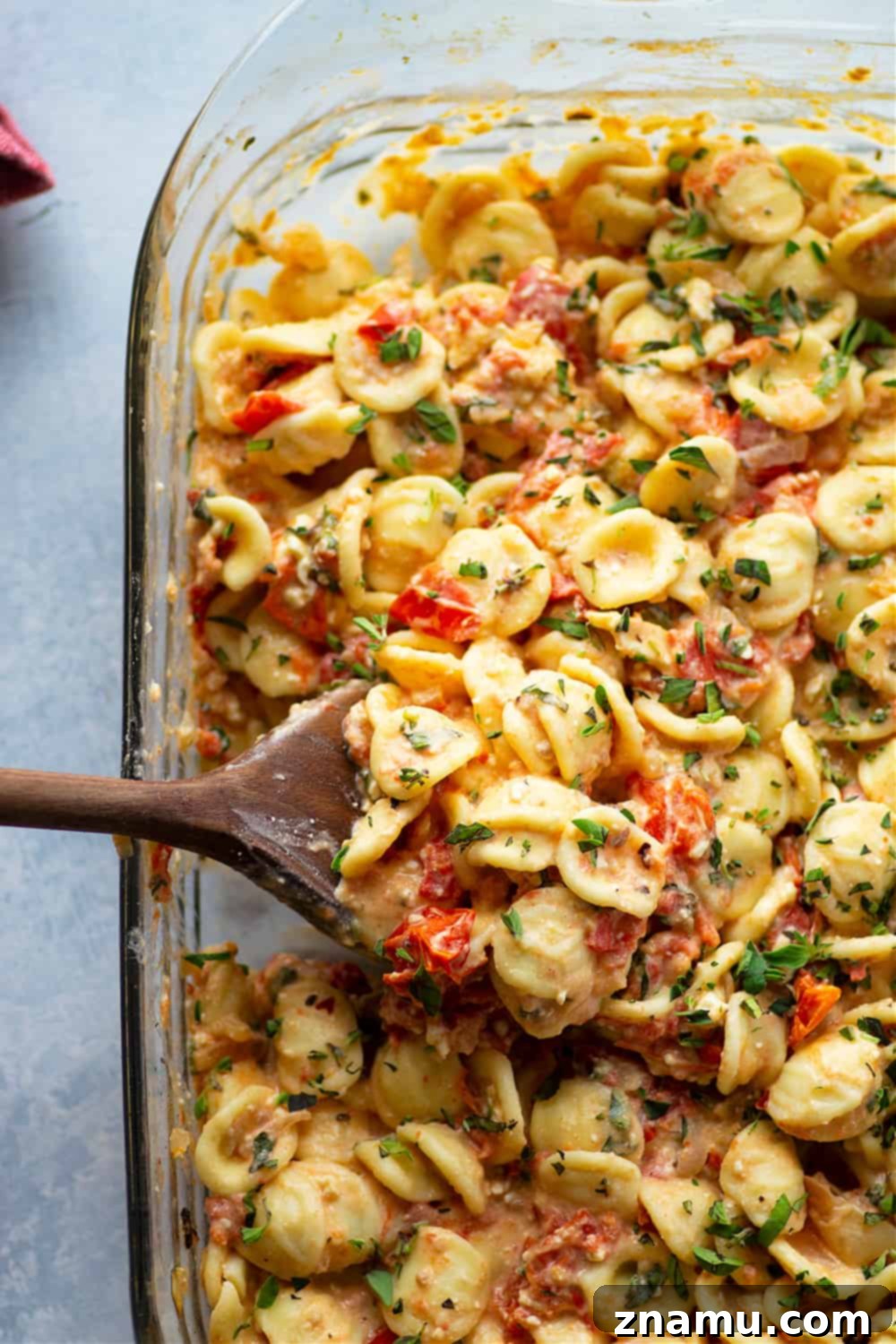 Effortless Feta Pasta Bake 7 Baked feta and herby bursting cherry tomatoes cook down into the most luxurious creamy sauce EVER for pasta! Inspired from the viral TikTok recipe, this baked feta pasta will quickly become a dinner regular!