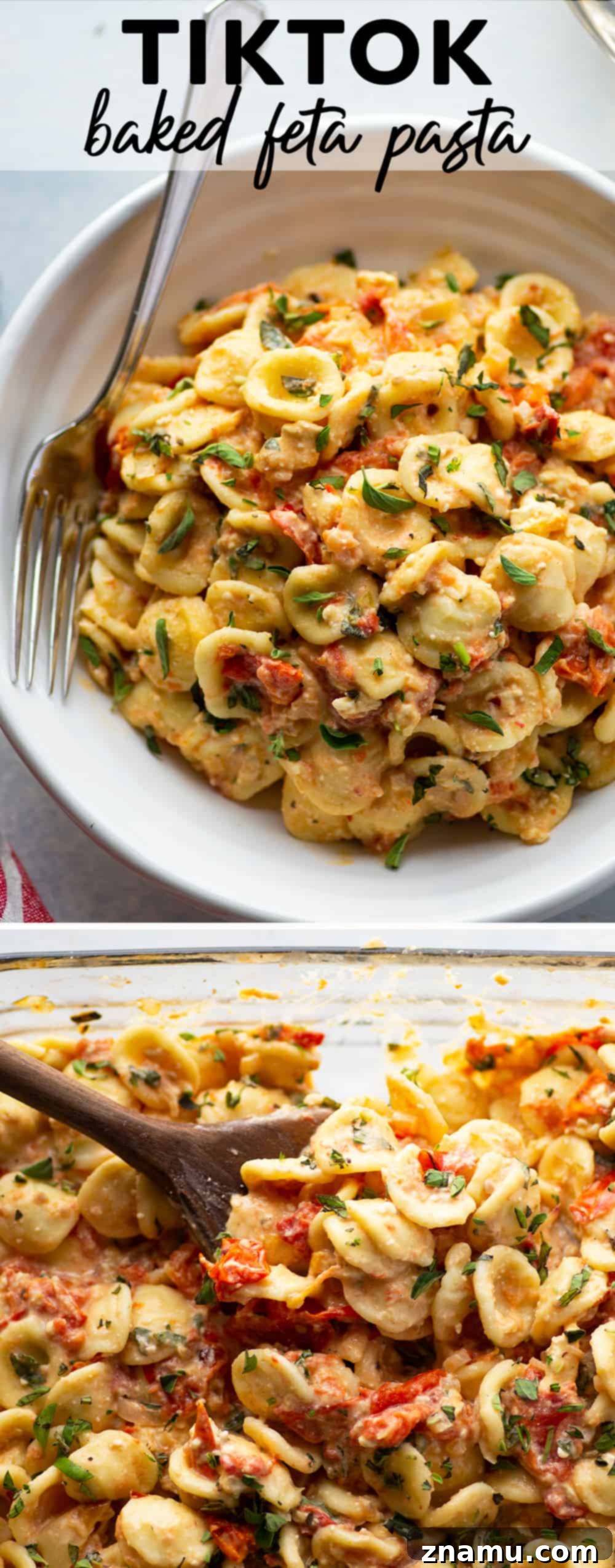 Effortless Feta Pasta Bake 8 Baked feta and herby bursting cherry tomatoes cook down into the most luxurious creamy sauce EVER for pasta! Inspired from the viral TikTok recipe, this baked feta pasta will quickly become a dinner regular!