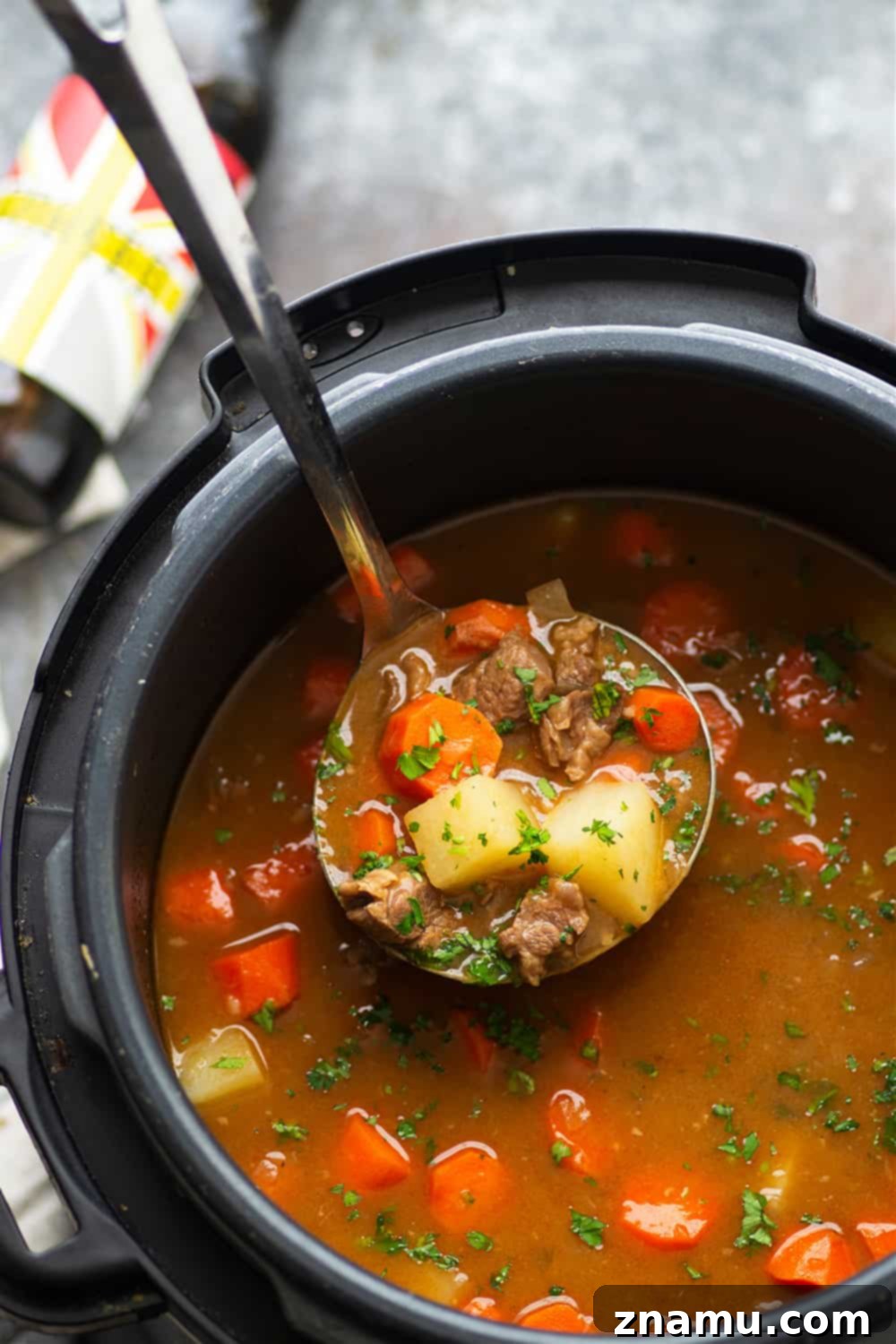 Rich Instant Pot Irish Beef Stew 5 Hearty Instant Pot Irish Beef Stew served in a bowl, with a spoon.