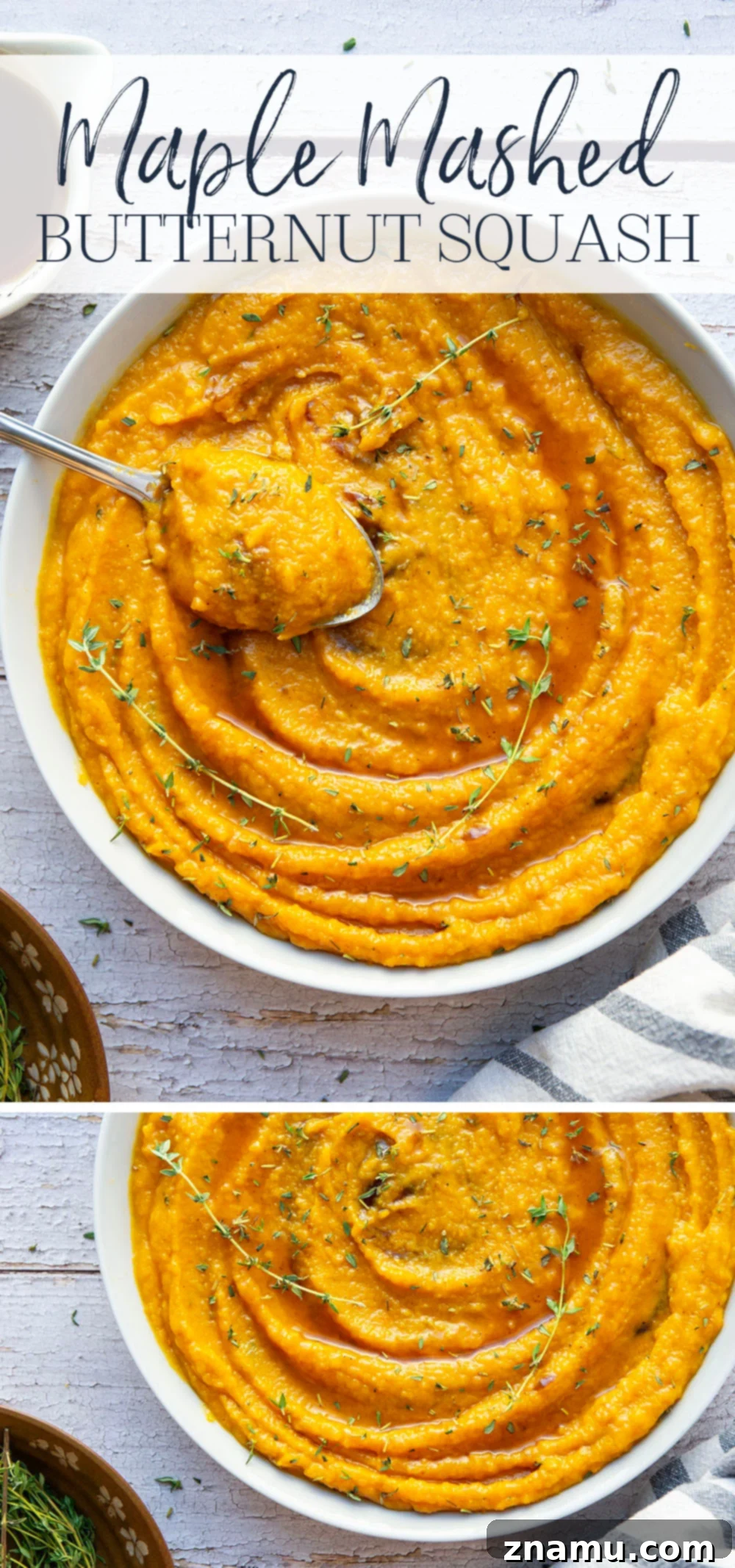 Creamy Maple Butternut Mash 7 A large serving bowl filled with creamy maple mashed butternut squash, topped with fresh thyme, presented beautifully on a wooden table.