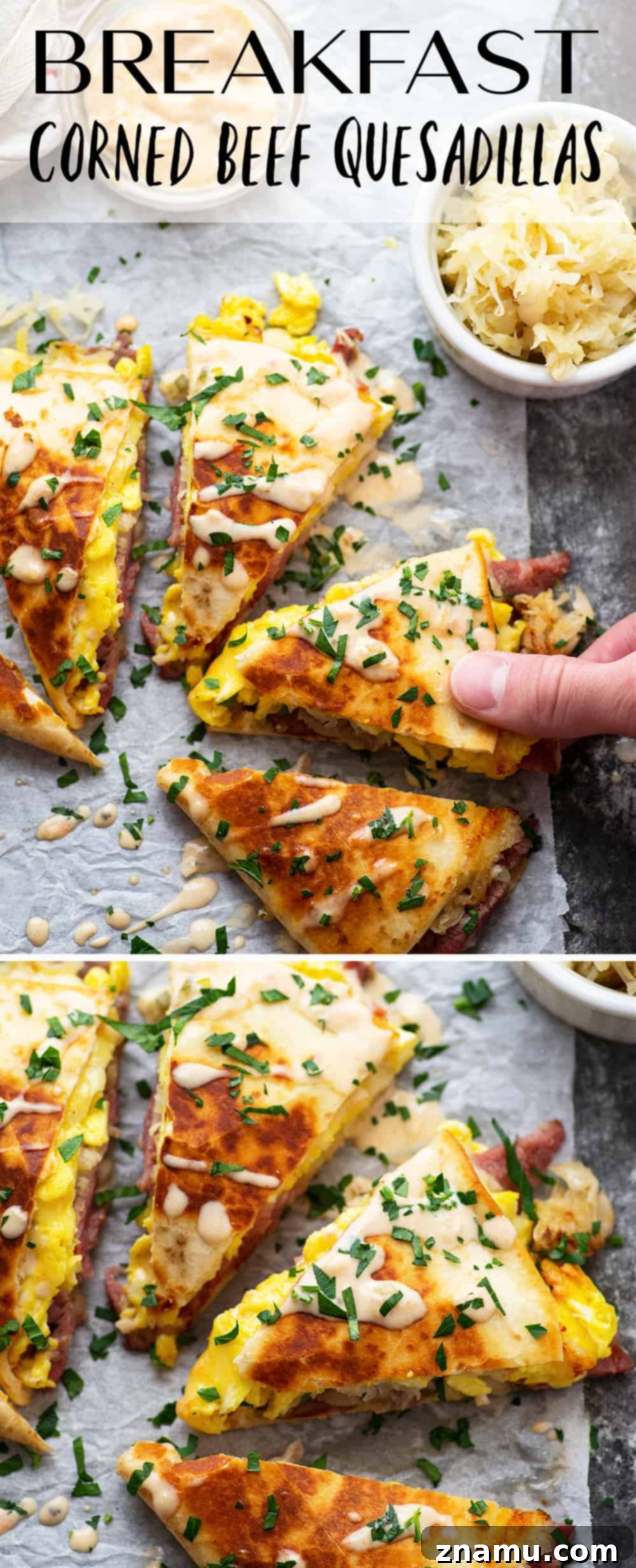 Rise and Shine Corned Beef Quesadillas 6 A plate of two golden-brown breakfast corned beef quesadillas cut into wedges, ready to be served.