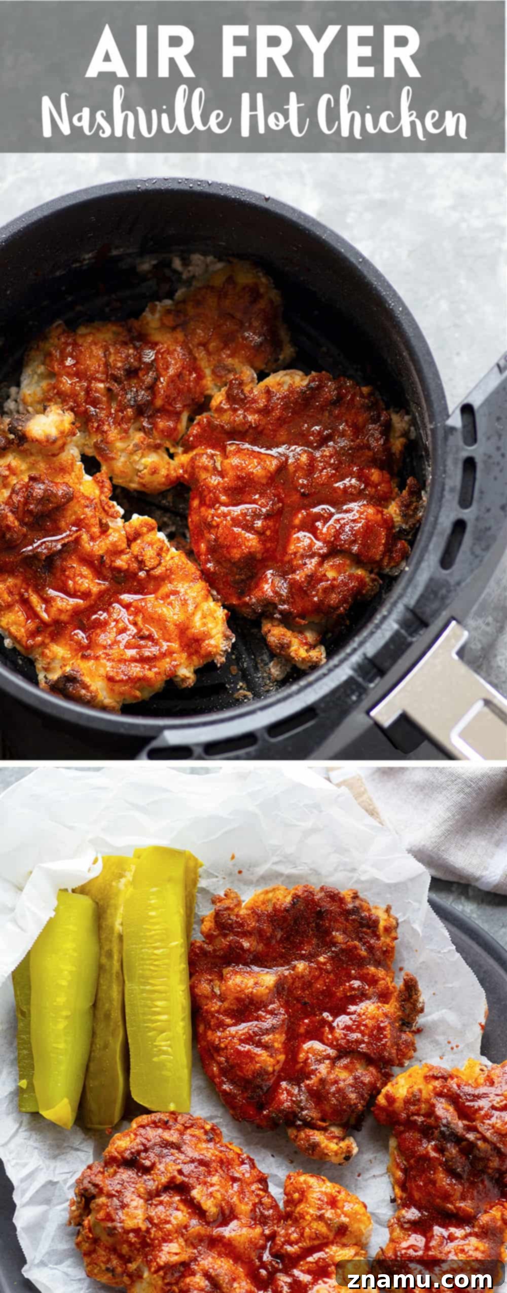Air fryer Nashville hot chicken is a healthier version of the classic spicy fried chicken! Crispy buttermilk-soaked chicken thighs are fried until perfectly crispy and brushed in a spicy cayenne sauce.