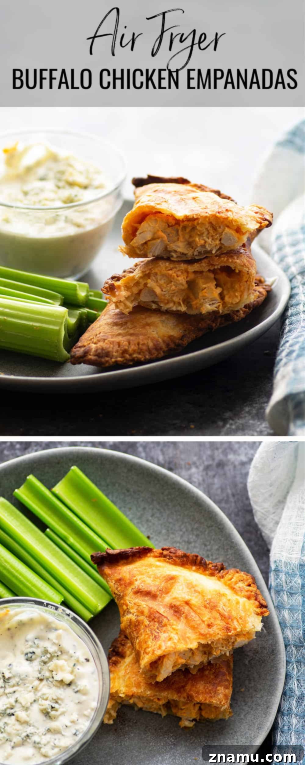 Crispy Air-Fried Buffalo Chicken Empanadas 6 Variety of Air Fryer Buffalo Chicken Empanadas, some whole, some cut open to show the rich filling, ready to serve.