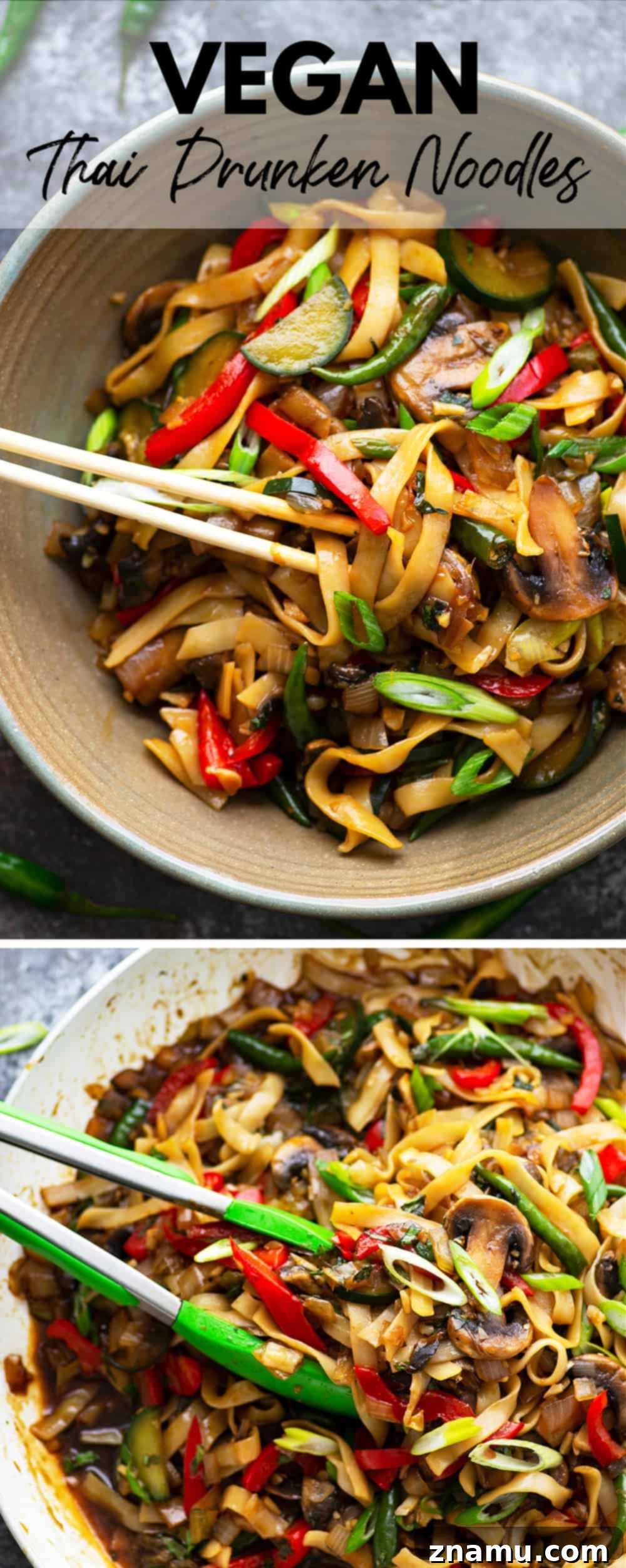 Spicy Vegan Thai Drunken Noodles 6 A wide shot of a large, steaming pan of Vegan Thai Drunken Noodles (Pad Kee Mao) being stirred with tongs, emphasizing the abundance of noodles and vegetables coated in the rich, dark sauce, with fresh basil leaves visible throughout the dish.