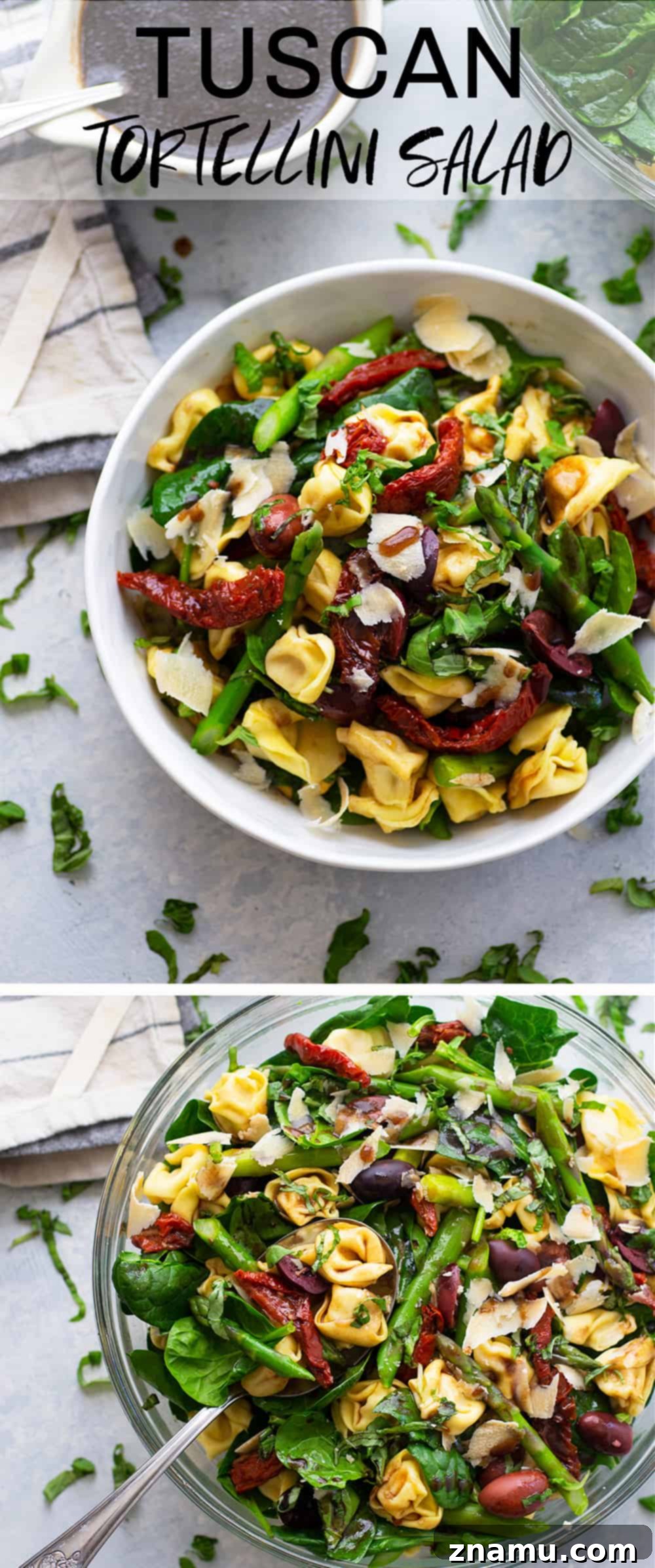 Overhead shot of the finished Tuscan Tortellini Salad in a beautiful serving bowl.
