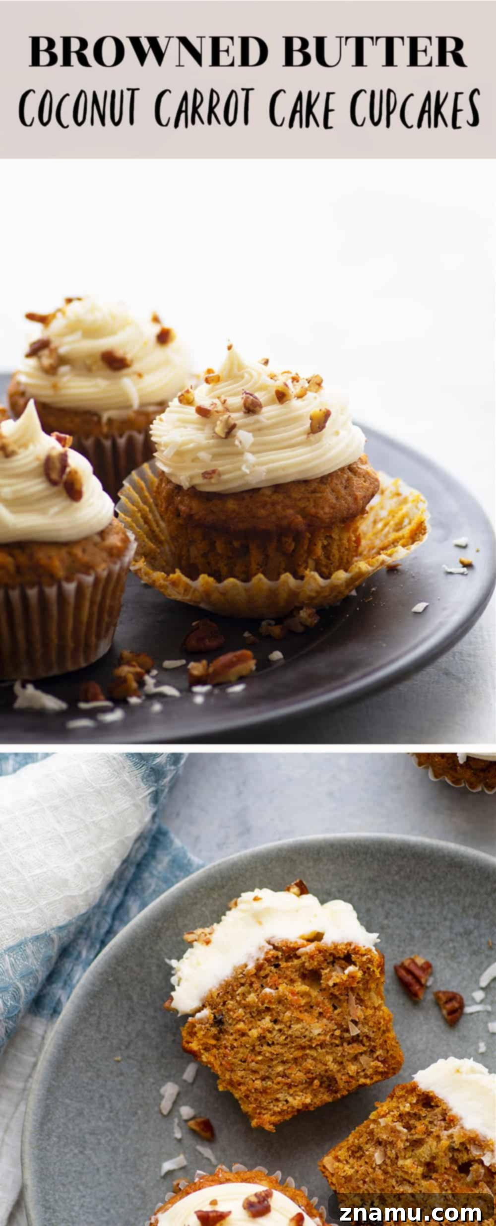 A styled shot of Coconut Carrot Cake Cupcakes on a rustic wooden board.