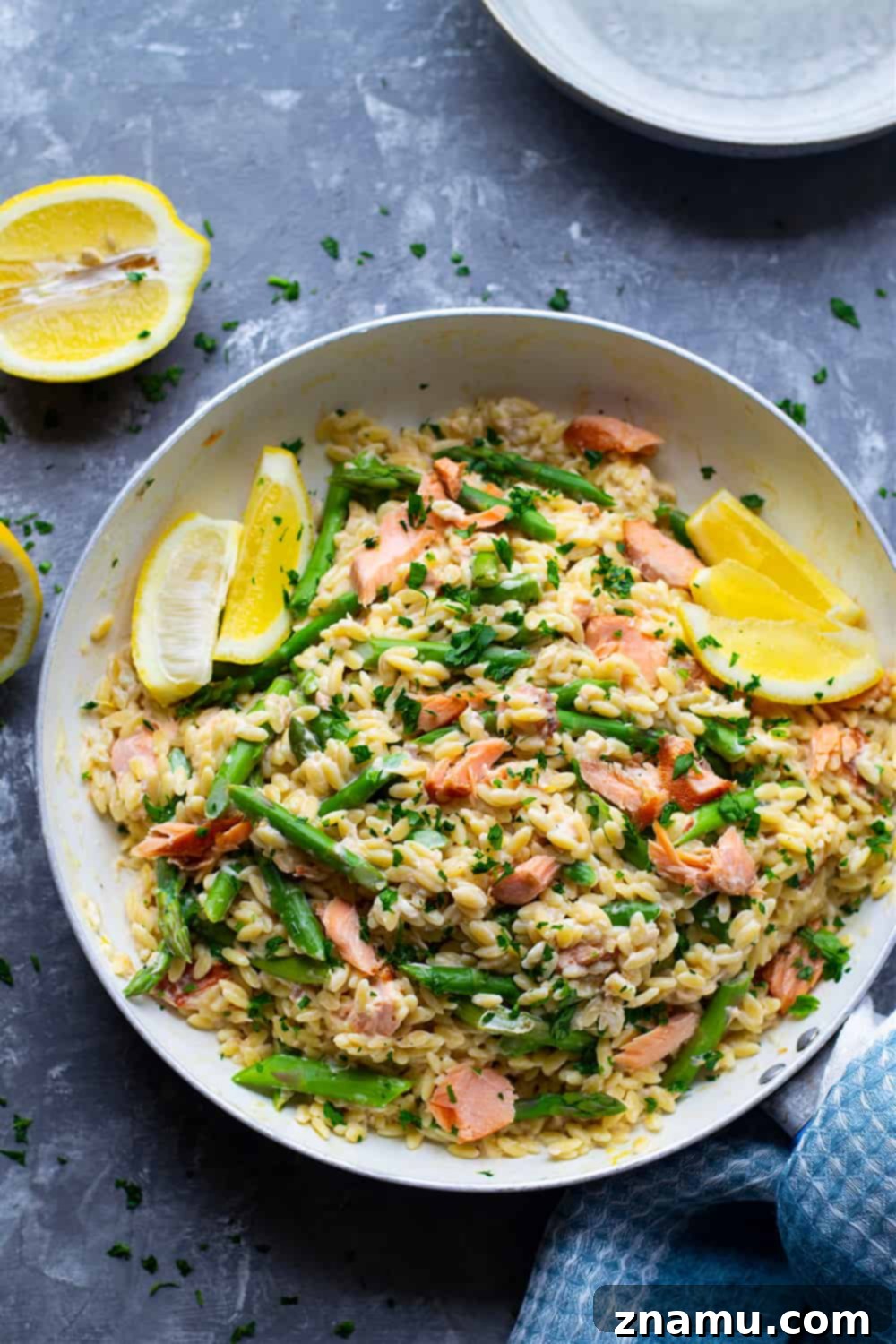 Lemon Velvet Orzo with Smoked Salmon and Asparagus 3 A bowl of creamy lemon orzo pasta with smoked salmon, asparagus, and fresh parsley garnish.