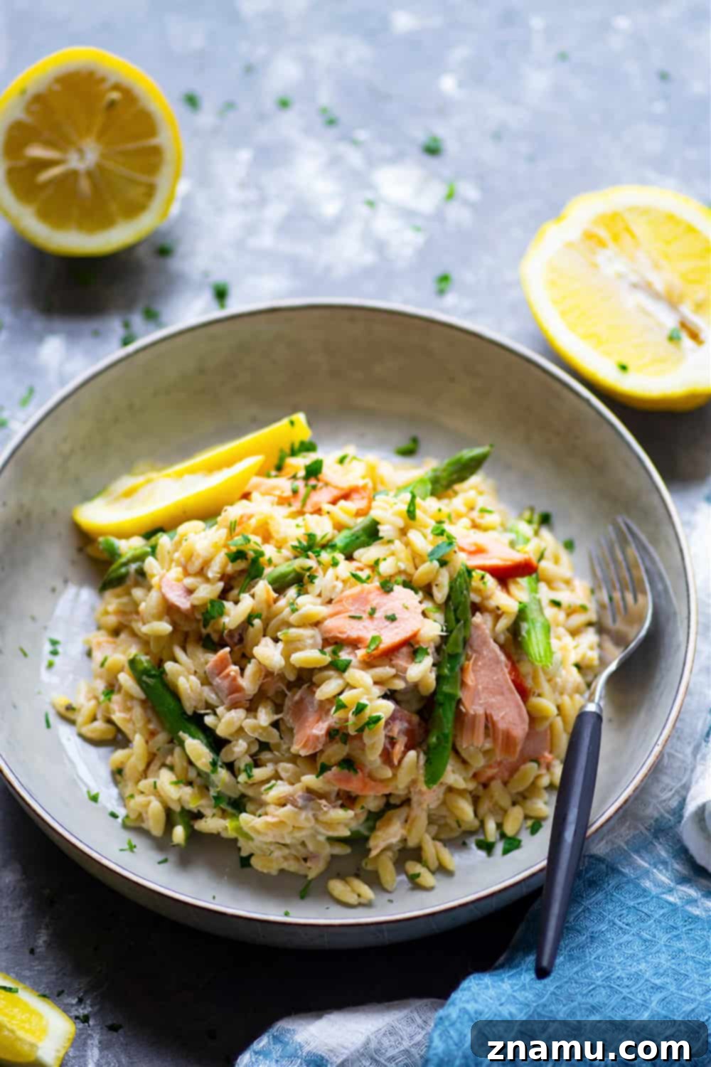 Lemon Velvet Orzo with Smoked Salmon and Asparagus 4 Ingredients for creamy lemon orzo with smoked salmon and asparagus laid out on a kitchen counter.
