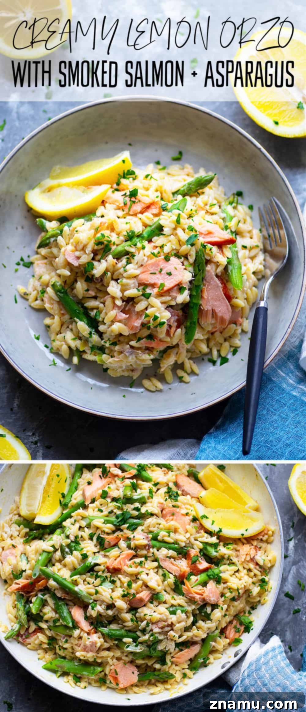 Lemon Velvet Orzo with Smoked Salmon and Asparagus 6 A large serving spoon scooping creamy lemon orzo with smoked salmon and asparagus from a skillet.