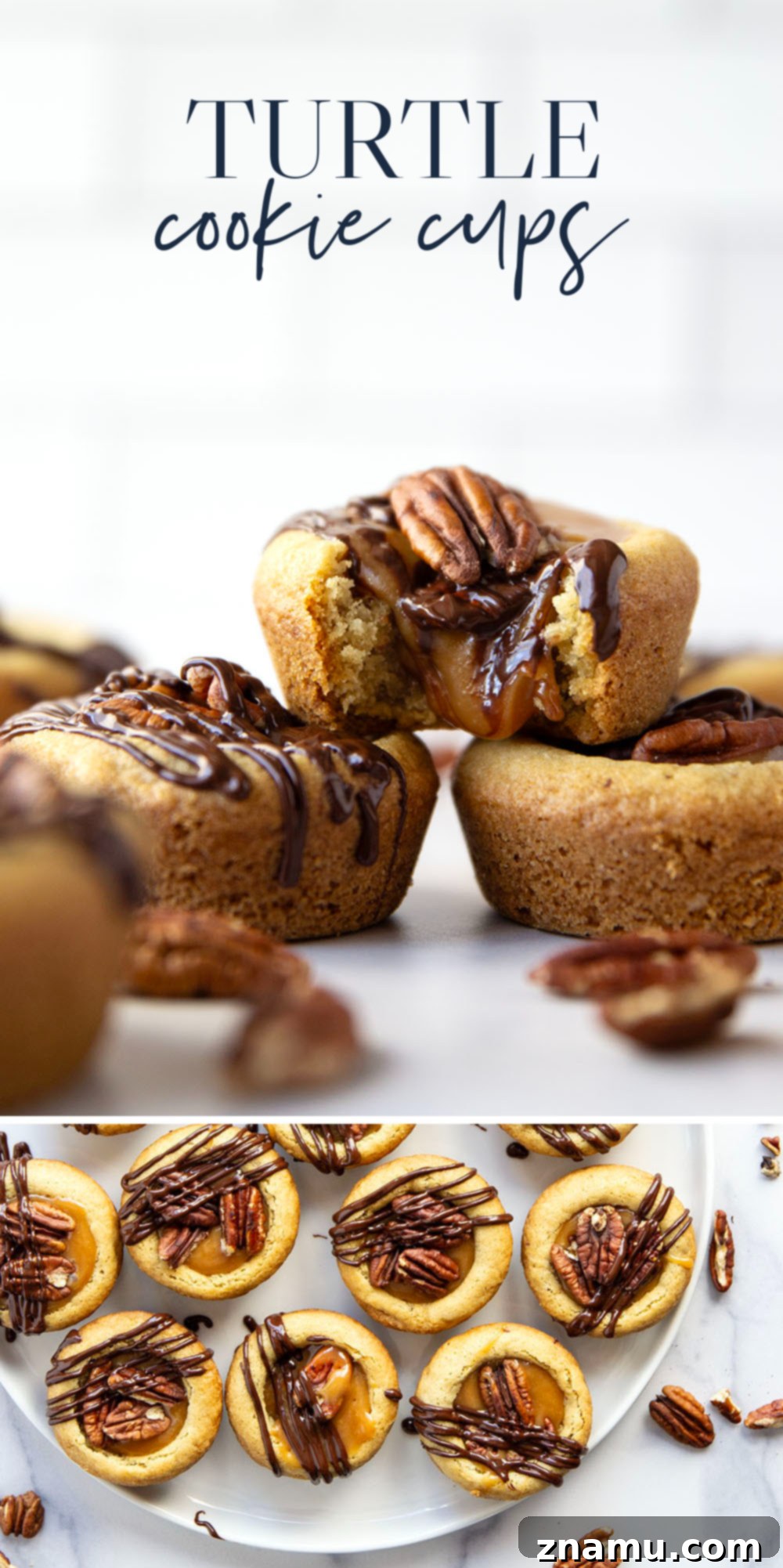 Decadent Turtle Cookie Cups 7 These soft and chewy turtle cookie cups feature a soft butter cookie cup filled with toasted pecans, salted caramel, and a luscious drizzle of melted chocolate.