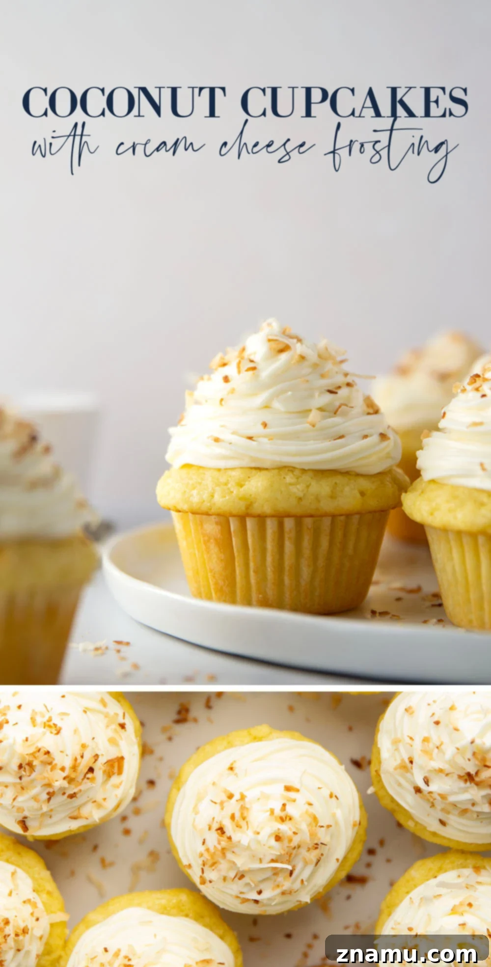 Heavenly Coconut Cupcakes with Cream Cheese Frosting 7 An array of delicious coconut cupcakes presented on a rustic wooden board