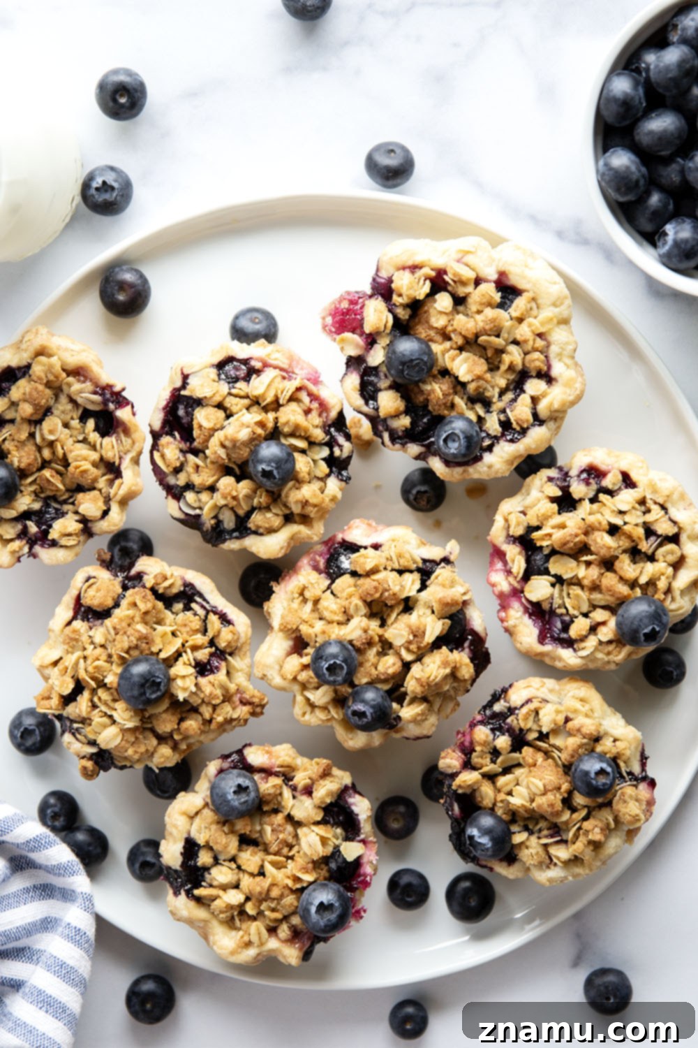 Oatmeal Cookie Streusel Blueberry Bites 5 Ingredients for mini blueberry tarts laid out on a kitchen counter: blueberries, flour, sugar, butter, oats, and lemon.