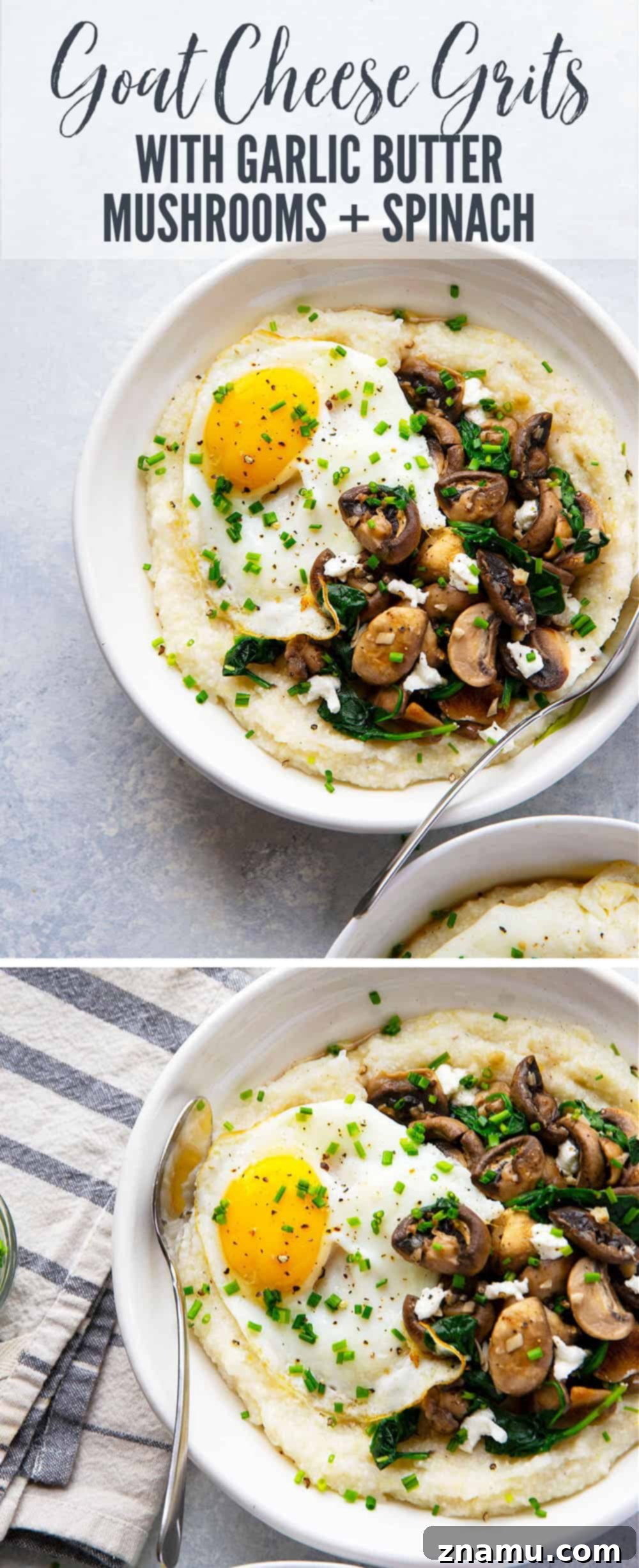 Creamy Goat Cheese Grits, Garlicky Mushrooms, and Fresh Spinach 7 Homemade goat cheese grits are incredibly creamy and served with garlic butter mushrooms and spinach on the side and beautiful fried eggs on top for a hearty breakfast!