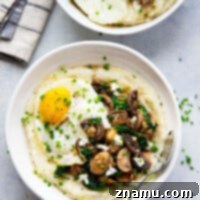 Creamy Goat Cheese Grits, Garlicky Mushrooms, and Fresh Spinach 8 Homemade goat cheese grits are incredibly creamy and served with garlic butter mushrooms and spinach on the side and beautiful fried eggs on top for a hearty breakfast!