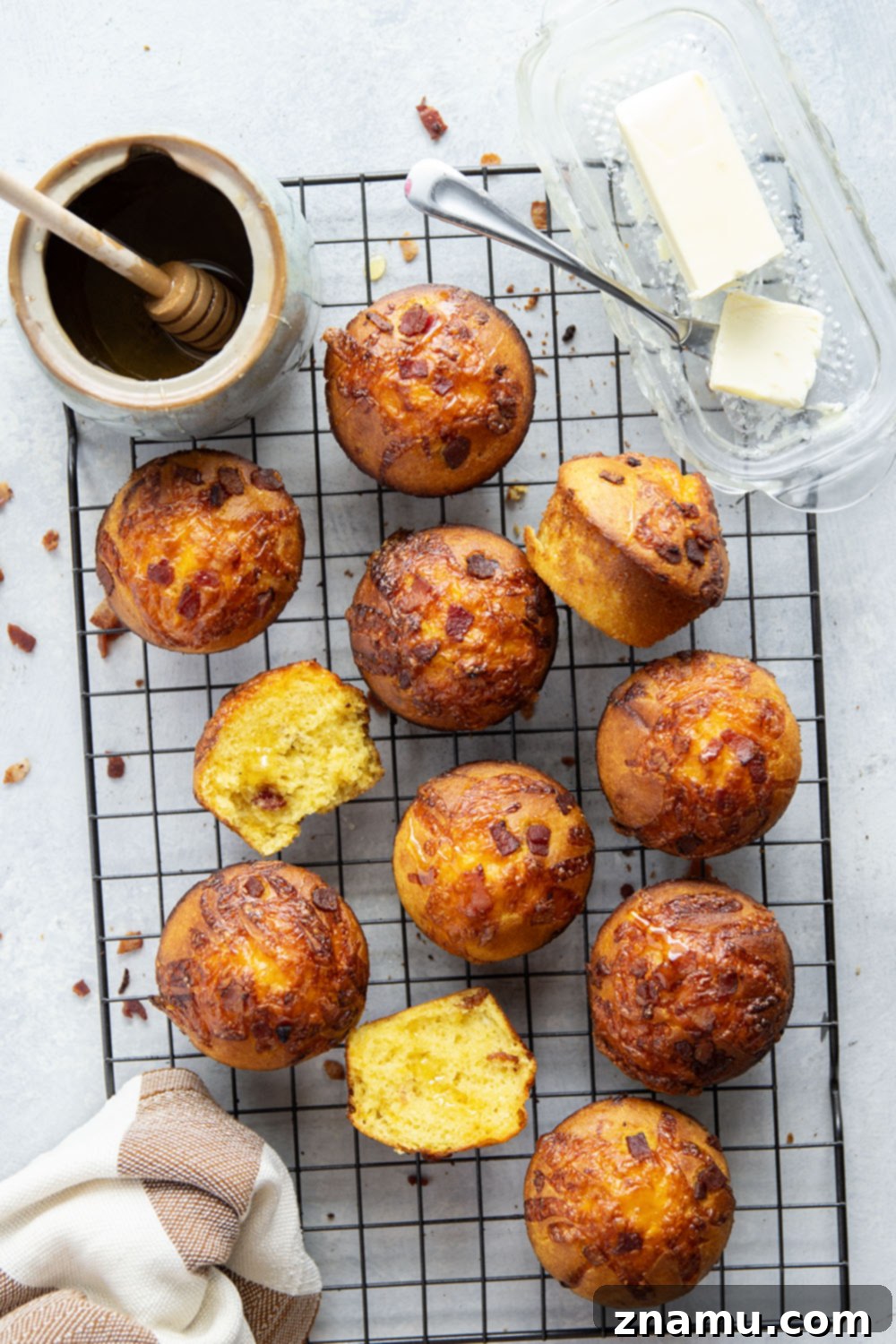 Loaded Bacon Cheddar Cornbread Muffins 4 Basket of warm Bacon Cheddar Cornbread Muffins ready to serve