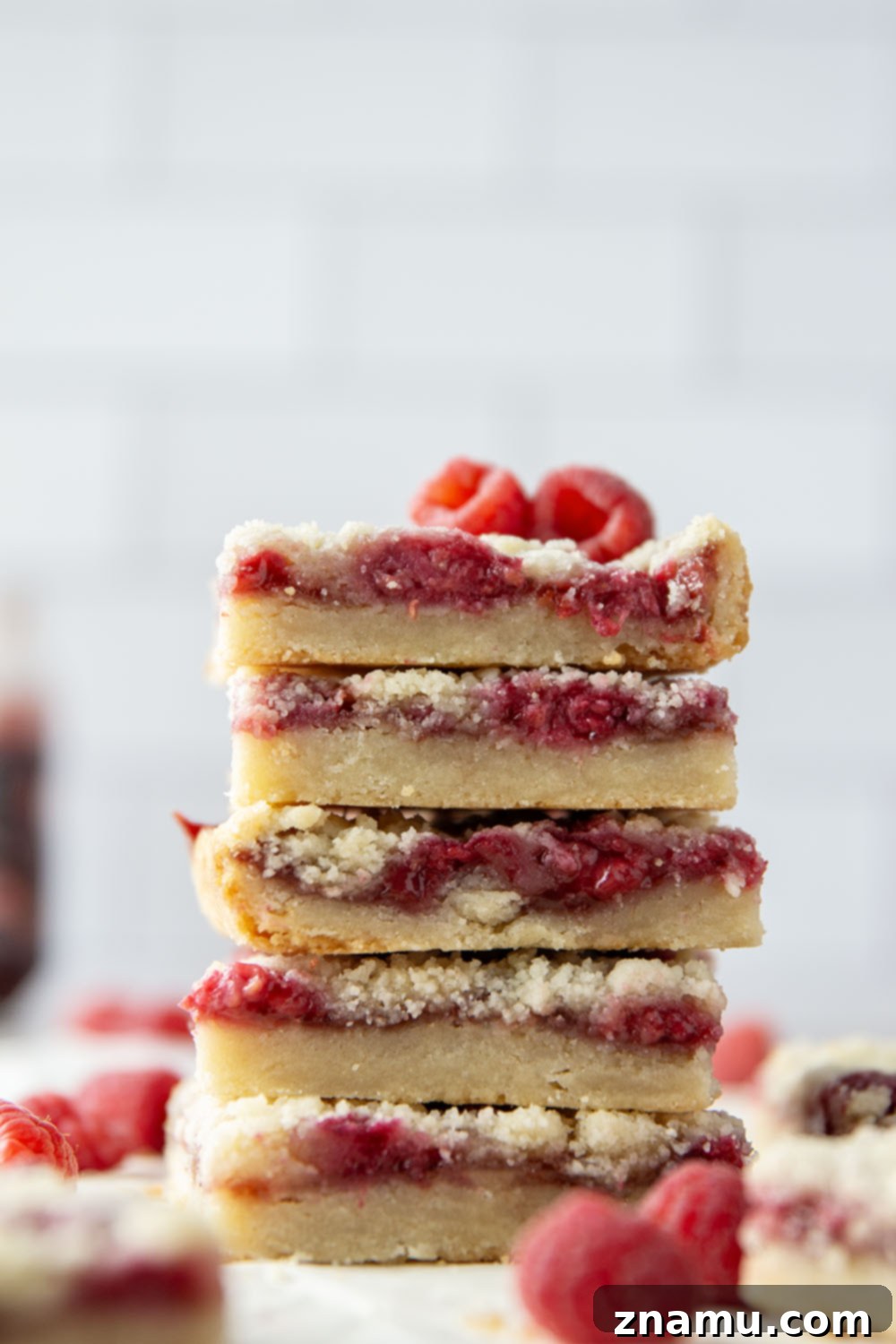 Crimson Shortbread Delights 5 Overhead shot of raspberry shortbread bars in a baking dish, cut into squares.