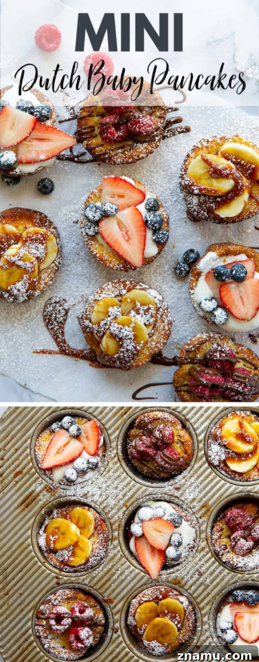 Mini Dutch Baby Bites 6 A stunning overhead shot of Mini Dutch Baby Pancakes, some topped with chocolate and raspberries, others with caramel and banana, beautifully arranged for a festive brunch.