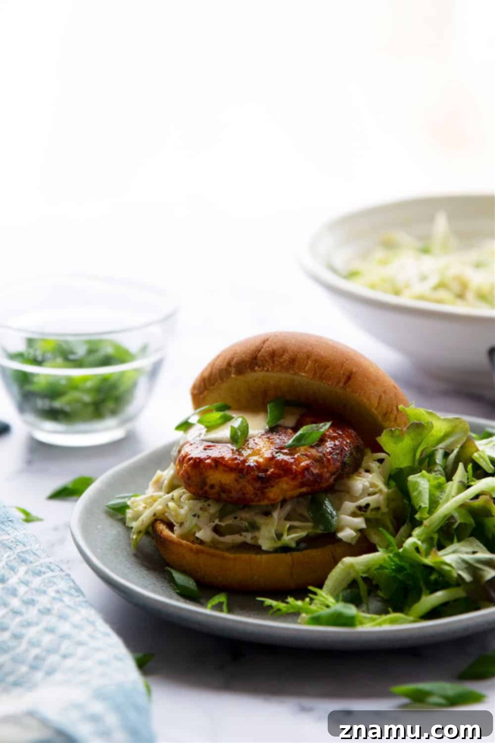 Crispy Air-Fried Salmon Cakes with Zesty Tahini Slaw 2 Air fryer salmon patties are perfectly juicy and use fresh salmon for the best flavor! Pile these salmon patties in a soft bun with lots of flavorful tahini slaw.
