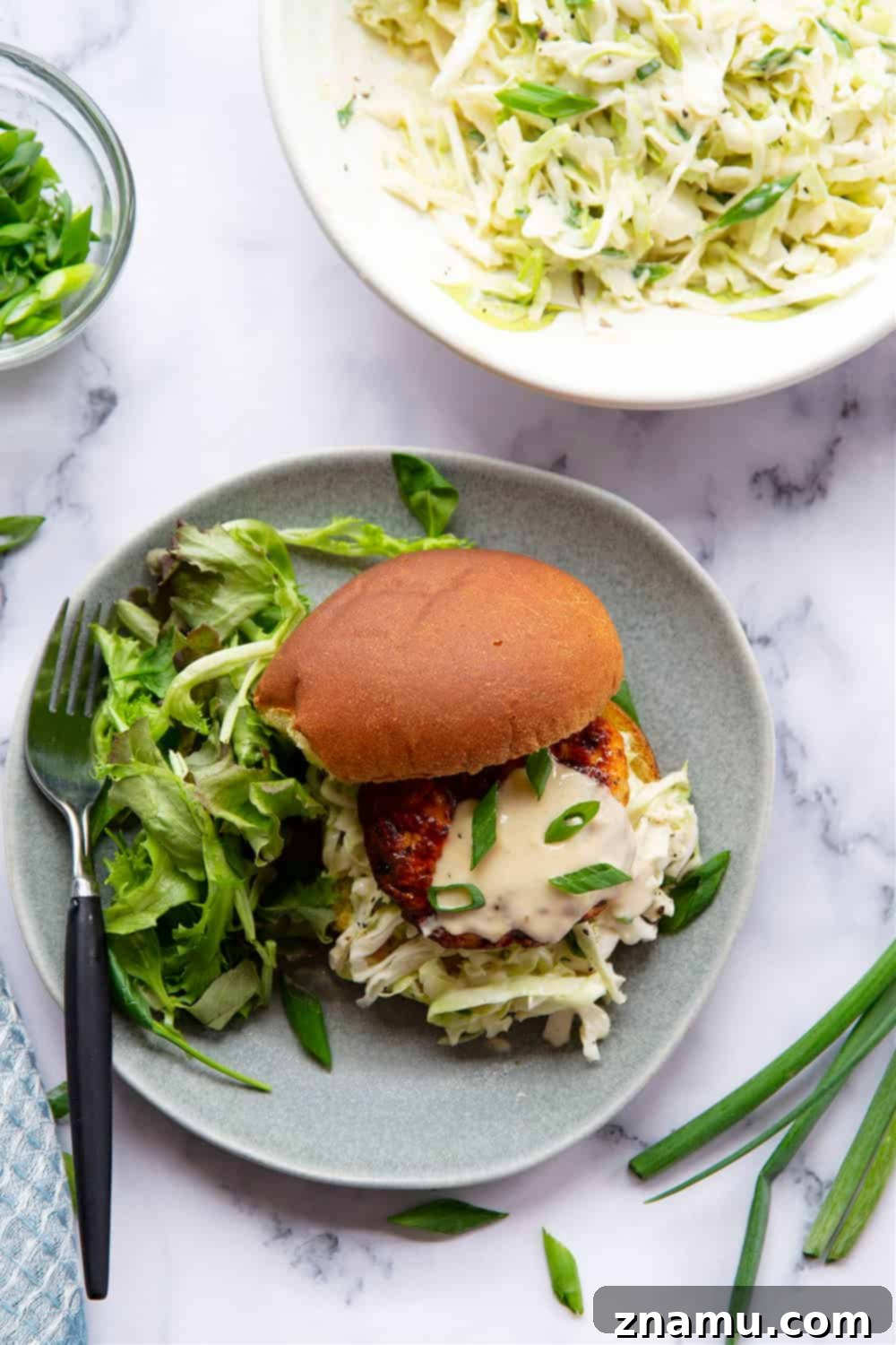 Crispy Air-Fried Salmon Cakes with Zesty Tahini Slaw 7 Air fryer salmon patties are perfectly juicy and use fresh salmon for the best flavor! Pile these salmon patties in a soft bun with lots of flavorful tahini slaw.