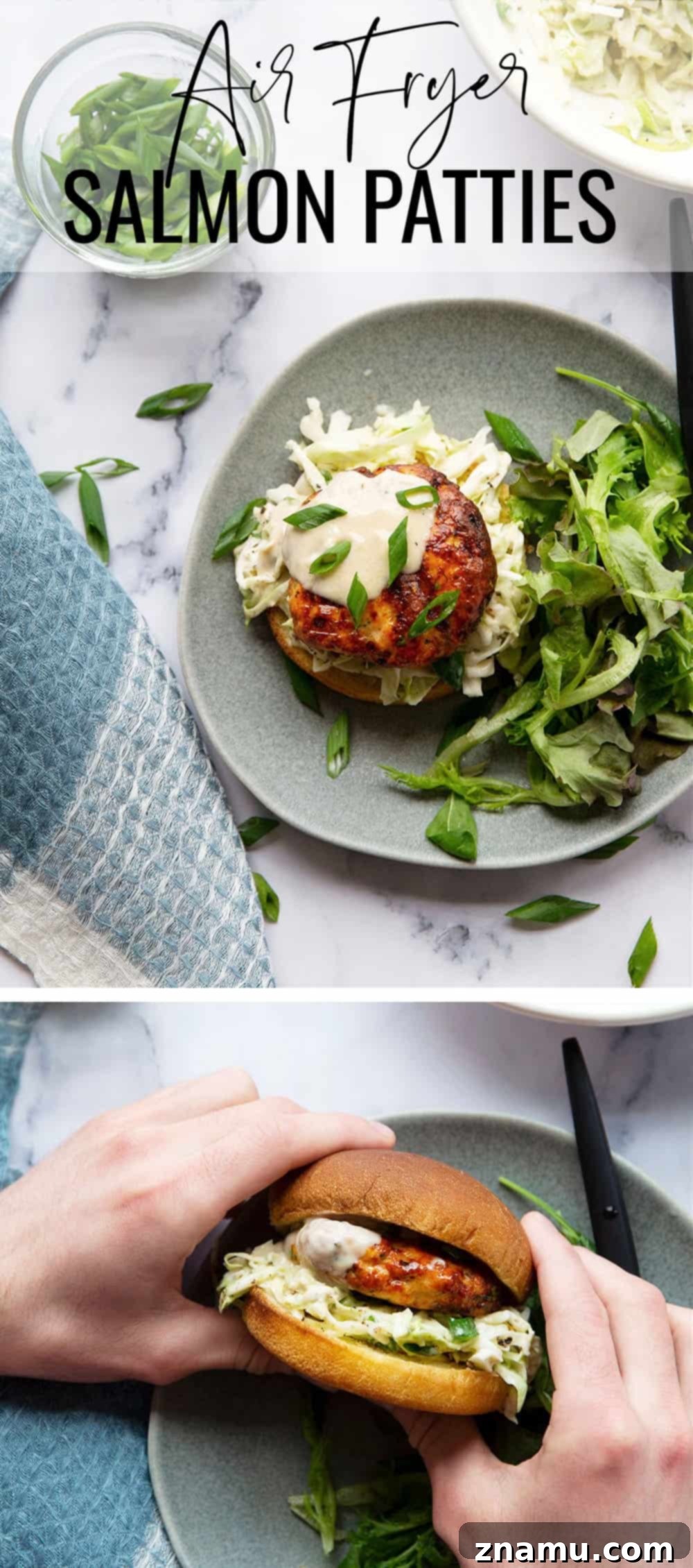Crispy Air-Fried Salmon Cakes with Zesty Tahini Slaw 8 Air fryer salmon patties are perfectly juicy and use fresh salmon for the best flavor! Pile these salmon patties in a soft bun with lots of flavorful tahini slaw.
