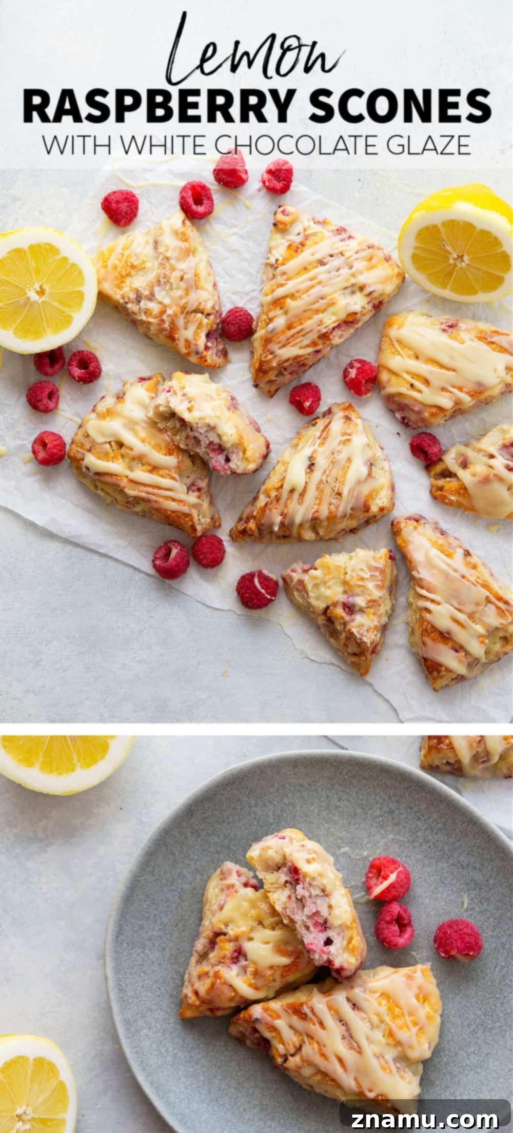 Zesty Lemon Raspberry Scones with Sweet White Chocolate Glaze 6 Perfectly flaky and loaded with juicy raspberries and tangy lemon flavor, these lemon raspberry scones are glazed in a rich white chocolate glaze and a beautiful addition to any brunch!