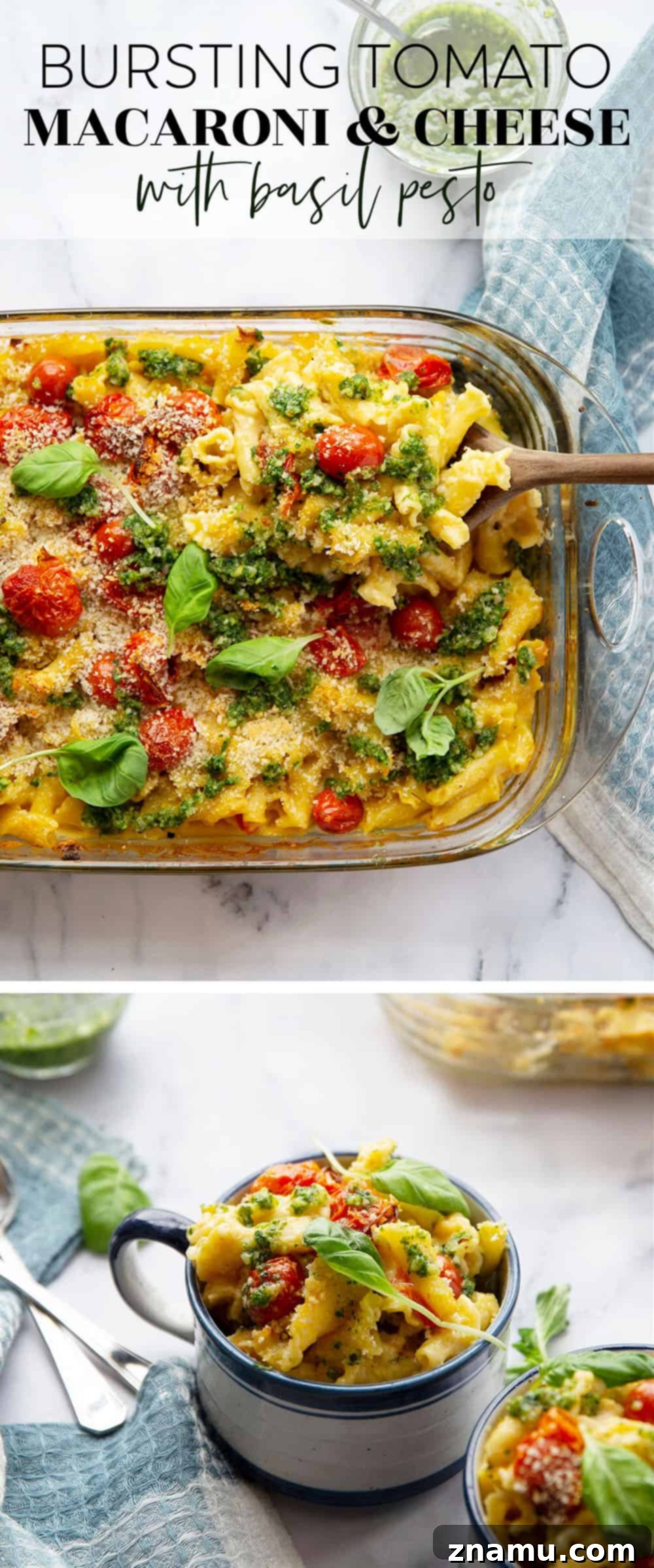 Vibrant Macaroni and Cheese: Bursting Tomatoes & Aromatic Basil Pesto 7 A large baking dish filled with Bursting Tomato Macaroni and Cheese, garnished with fresh basil.